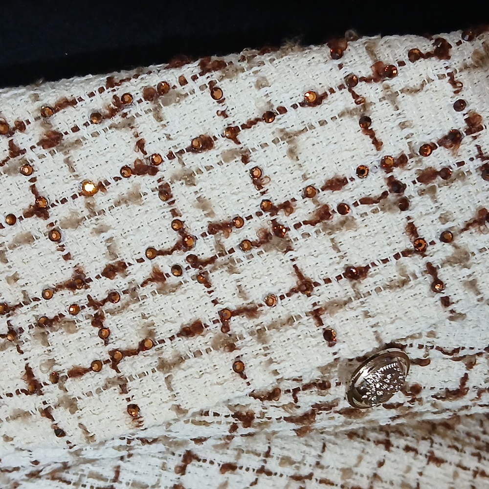 🤎 Elegant Cream Brown Crystal Lapel Jacket Chic Sparkle Size Large Embellished - Picture 3 of 7